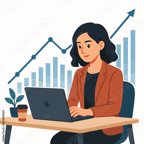 Young professional woman working on a laptop, financial chart overlay, fintech startup concept, flat vector style