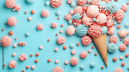 Overflowing ice cream cone with pastel scoops & candy