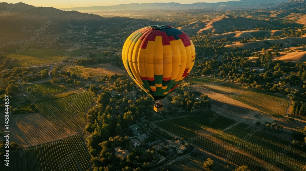 Obraz premium A traveler sipping champagne in a hot air balloon above wine country.