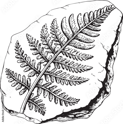 Fossilized plan fossil Geology and Archaeology, Black and White Vector Illustration, Sketch Drawing Line Linear Symbol Icon Engraving, Hand-drawn Isolated