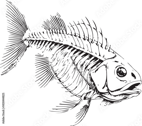 Fossil Fish Skeleton, Geology and Archaeology, Black and White Vector Illustration, Sketch Drawing Line Linear Symbol Icon Engraving, Hand-drawn Isolated