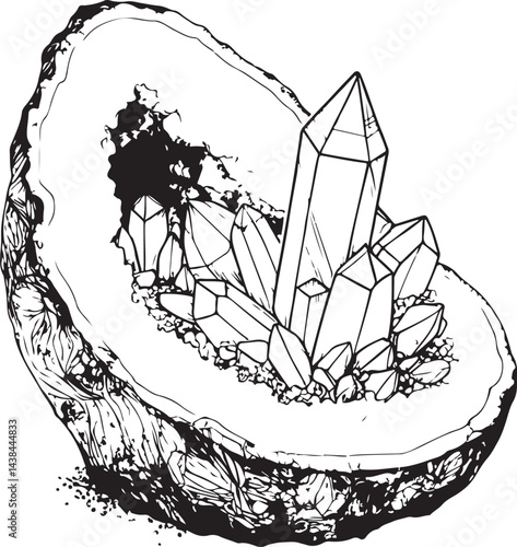 Geode Crystals Crystal Formation Cluster in Stone, Geology and Archaeology, Black and White Vector Illustration, Sketch Drawing Line Linear Symbol Icon Engraving, Hand-drawn Isolated