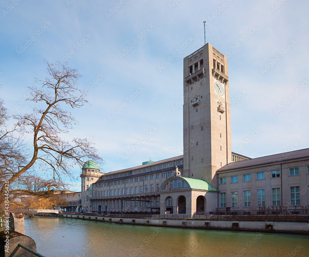 Isar river and Deutsches Museum with tower, early season in the year