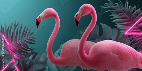 Two pink flamingos are standing in front of a green background with neon lights. The flamingos are the main focus of the image, and the neon lights add a sense of energy and excitement to the scene