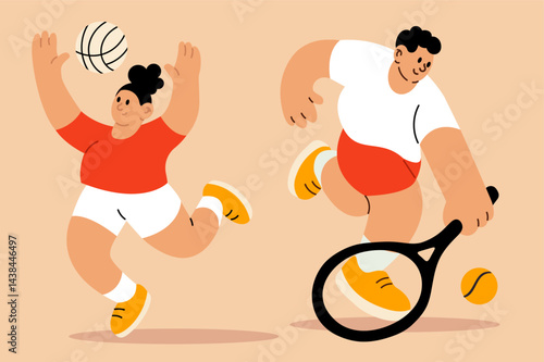 Characters actively playing volleyball and tennis in motion on a beige background