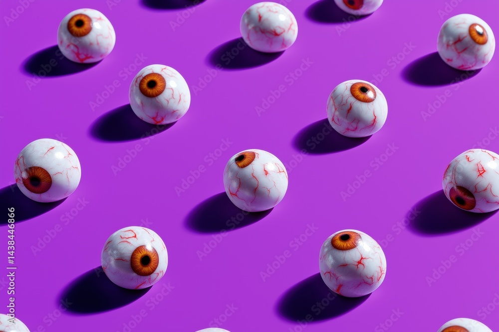 A row of eyeballs with red irises are on a purple background. The eyes are made of candy and are arranged in a pattern. The image has a playful and whimsical mood A row of eyeballs with red irises are on a purple background. The eyes are made of candy and are arranged in a pattern. The image has a playful and whimsical mood