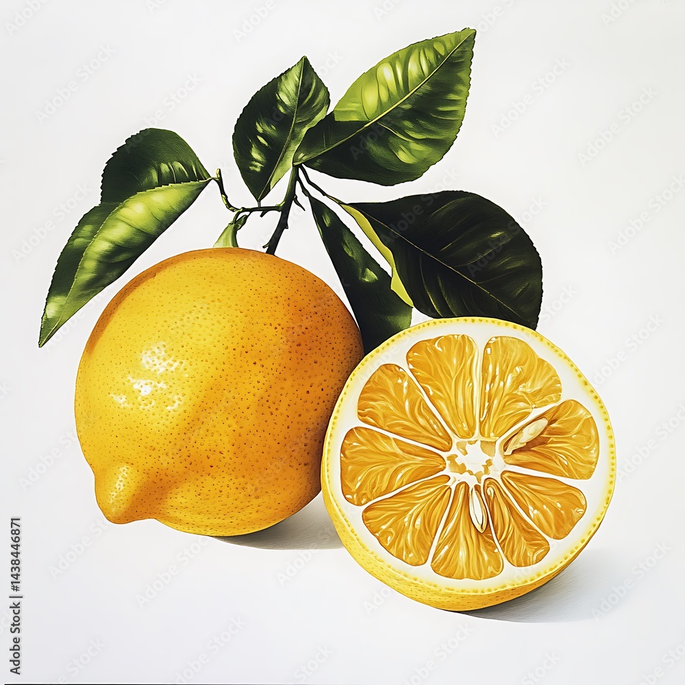 Fresh Citrus Still Life: Vibrant Yellow Fruit with Lush Green Leaves Against a Clean Background.