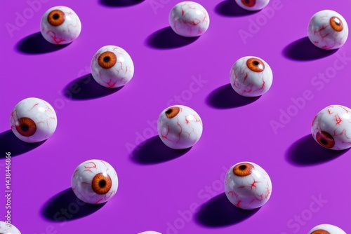 A row of eyeballs with red irises are on a purple background. The eyes are made of candy and are arranged in a pattern. The image has a playful and whimsical mood