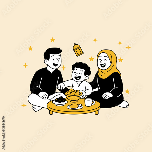 A happy family sitting together and sharing a meal for Eid Vector illustration For Eid Al Adha Mubarak