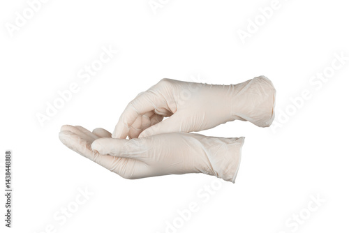 Medical nitrile gloves isolated on white background. Surgical latex gloves. Rubber gloves production. Doctor or nurse putting on protective gloves. Medicine concept. Sterility, protection.