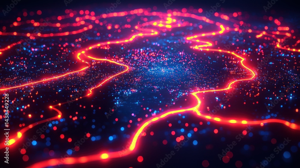 Glowing red lines on blue data field Glowing red lines on blue data field