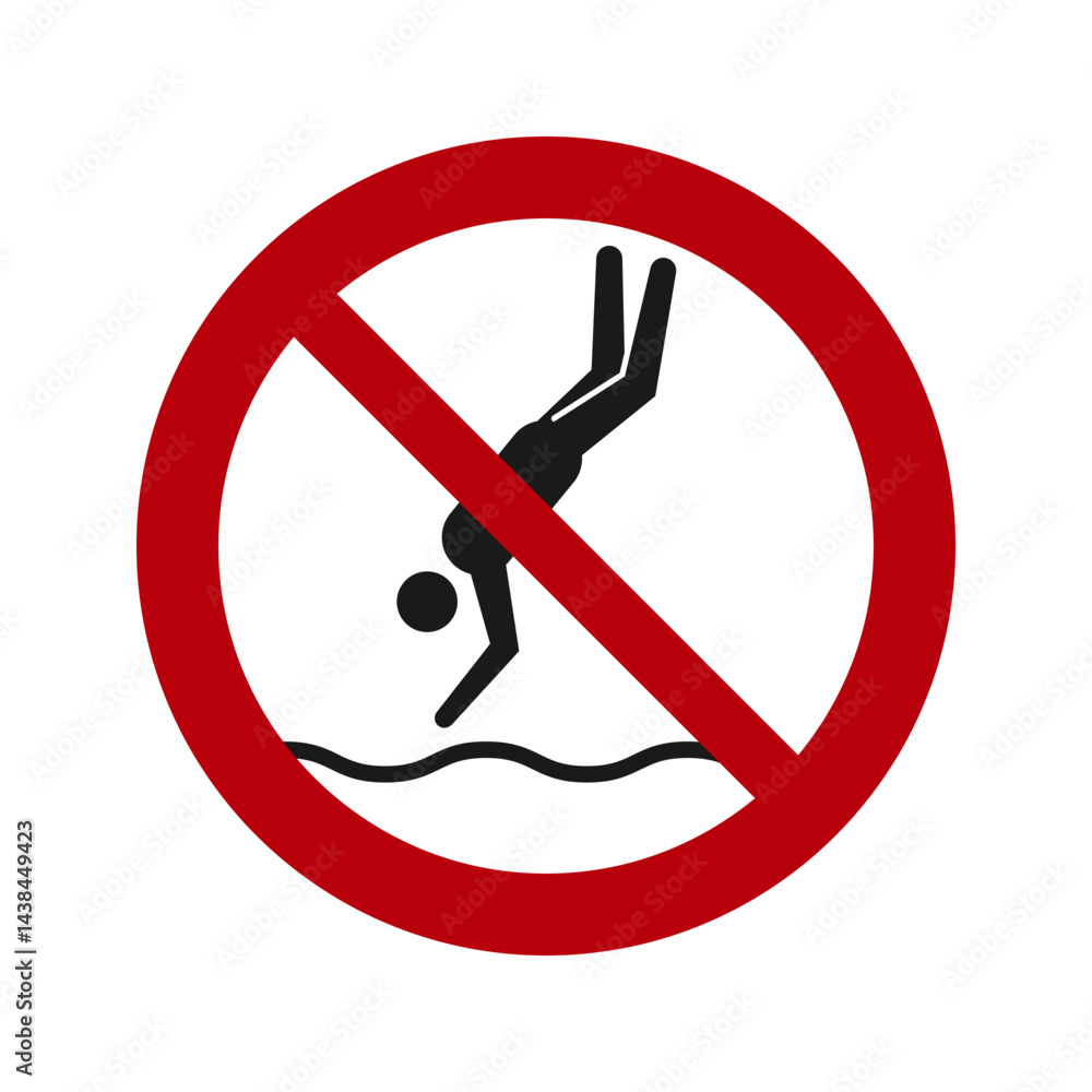 No diving safety warning symbol. Vector prohibiton sign with a black silhouette diving into water, crossed out by a red prohibition circle