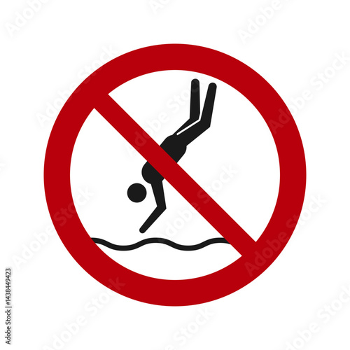 Obraz na płótnie No diving safety warning symbol. Vector prohibiton sign with a black silhouette diving into water, crossed out by a red prohibition circle w salonie