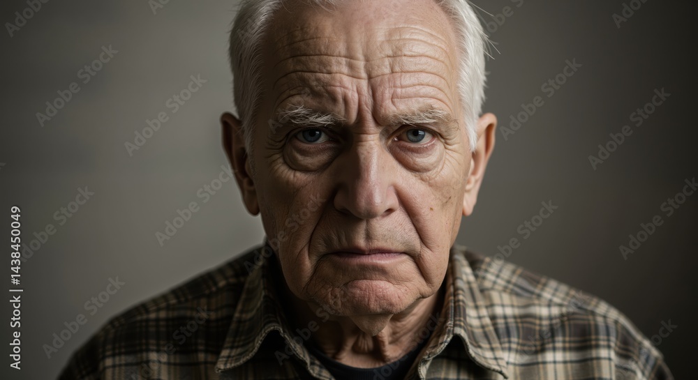 Elderly man showing stern expression against plain background Elderly man showing stern expression against plain background