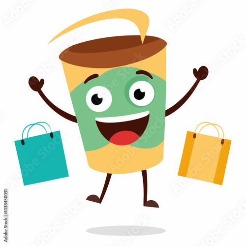 cartoon illustration of a shopping bag  and coffee