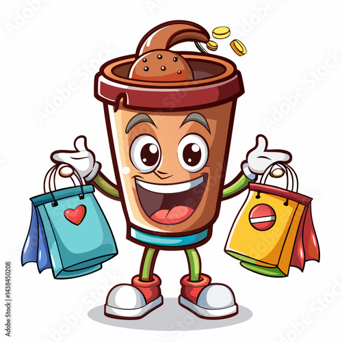 cartoon illustration of a shopping bag  and coffee