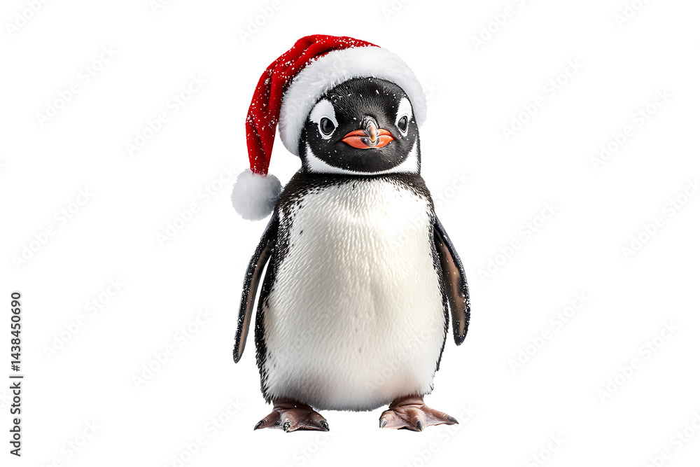 Naklejka premium Christmas Penguin with Santa Hat Isolated on Transparent Background PNG Image.