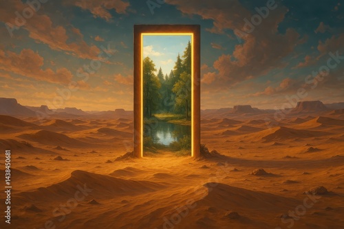 Mystic Desert Portal Leading to a Lush Green Oasis