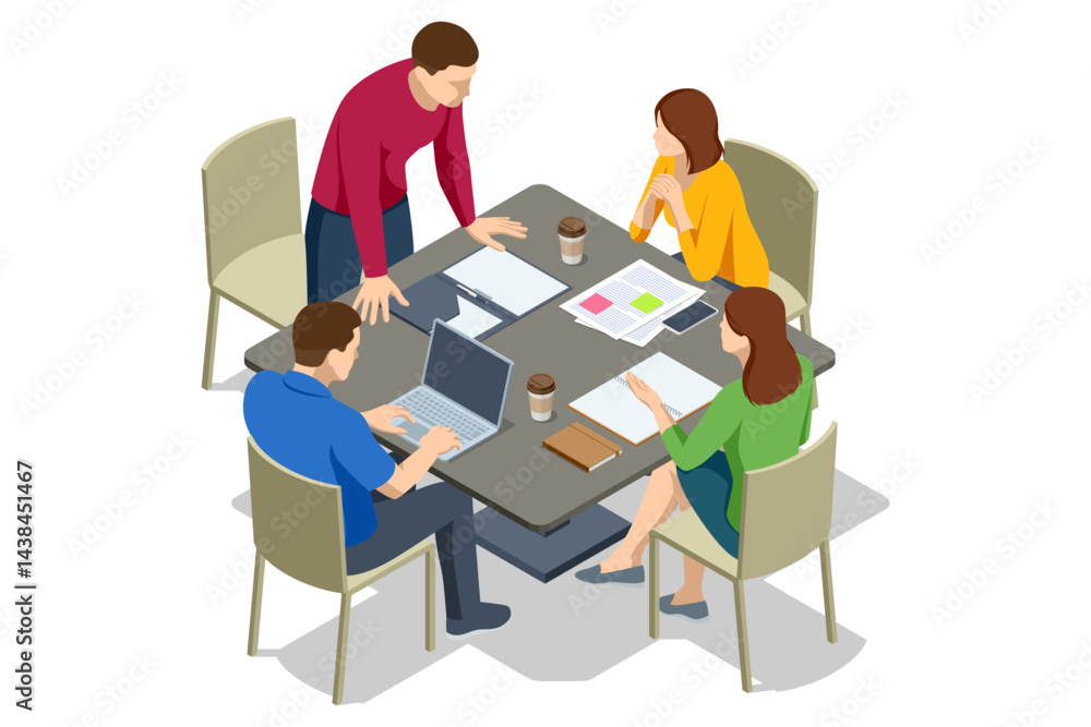 Business team discussing documents and laptops at a conference table during a planning meeting. Isometric vector illustration. Business team discussing documents and laptops at a conference table during a planning meeting. Isometric vector illustration.