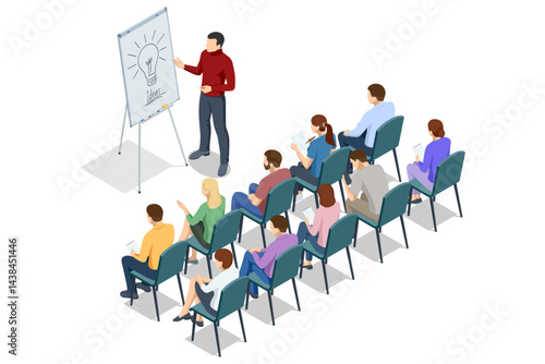 A business trainer gives a presentation about new ideas to an audience using a flipchart with a light bulb sketch. Isometric vector illustration.