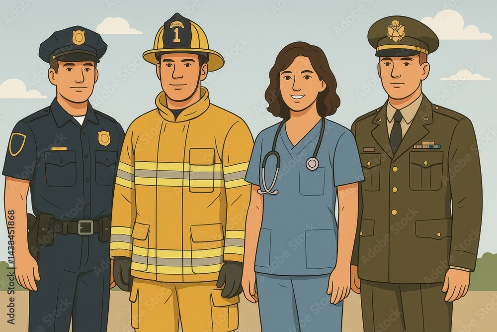 Diverse Uniforms for Community Heroes in Simple Art Design Diverse Uniforms for Community Heroes in Simple Art Design
