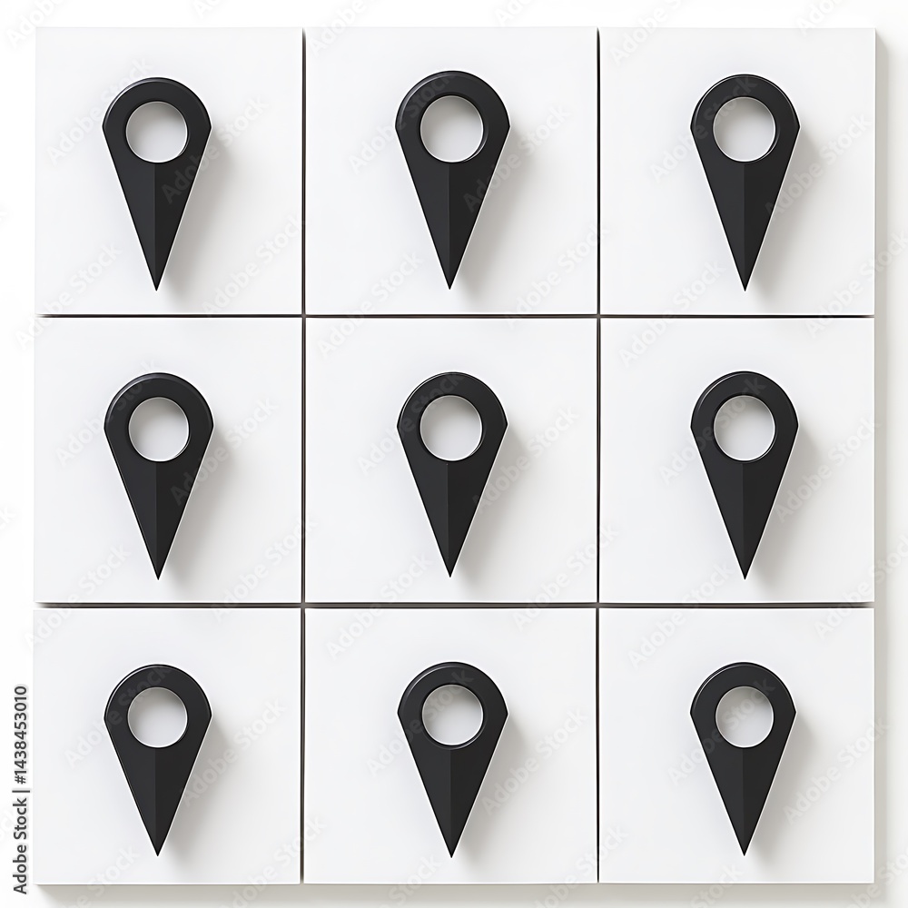 Location Pointer Minimalist Arrangement: Dark Markers on White Tiles for Conceptual Navigation Illustrations and Digital Project Accents.