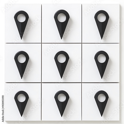 Obraz na płótnie Location Pointer Minimalist Arrangement: Dark Markers on White Tiles for Conceptual Navigation Illustrations and Digital Project Accents. w salonie