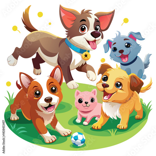 Playful Puppies and a Kitten on the Lawn