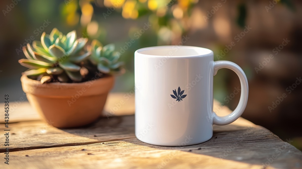 Ceramic coffee mug mockup with a custom logo placed beside a succulent plant Ceramic coffee mug mockup with a custom logo placed beside a succulent plant