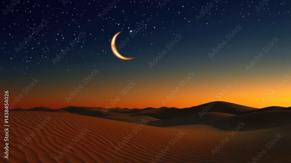 Serene Desert Scene with Moon and Starry Sky at Dusk Serene Desert Scene with Moon and Starry Sky at Dusk