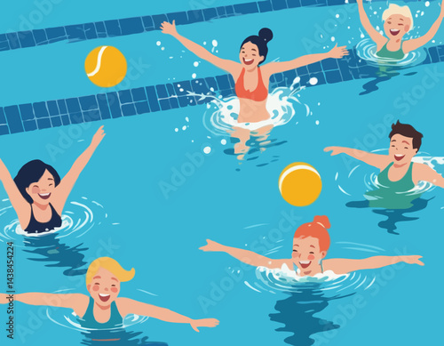 A fun-filled summer day in a bright blue swimming pool, splashing water and laughing with joy.