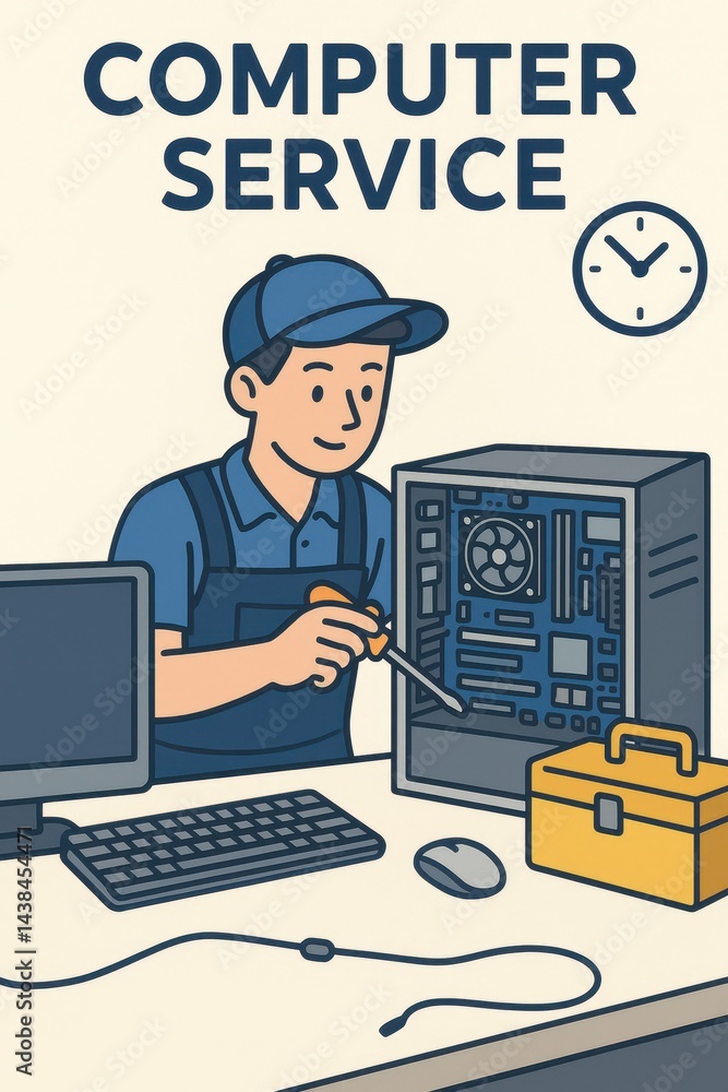 Professional Computer Service Illustration with Technician and Tools Professional Computer Service Illustration with Technician and Tools