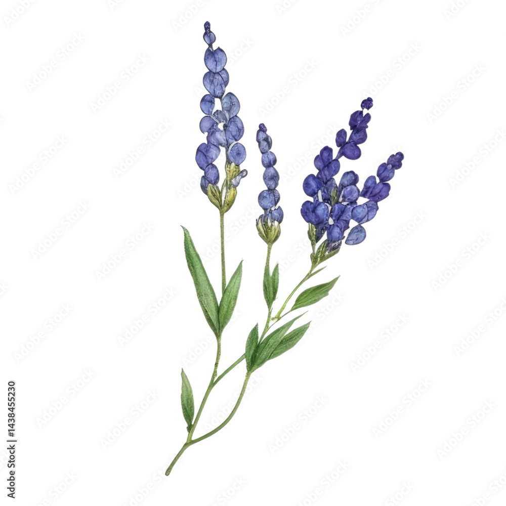 Fototapeta premium Blue lavender flowers on stems with green leaves in watercolor style