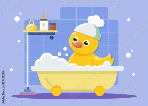 Cute Yellow Duckling Taking a Bath in a Tub