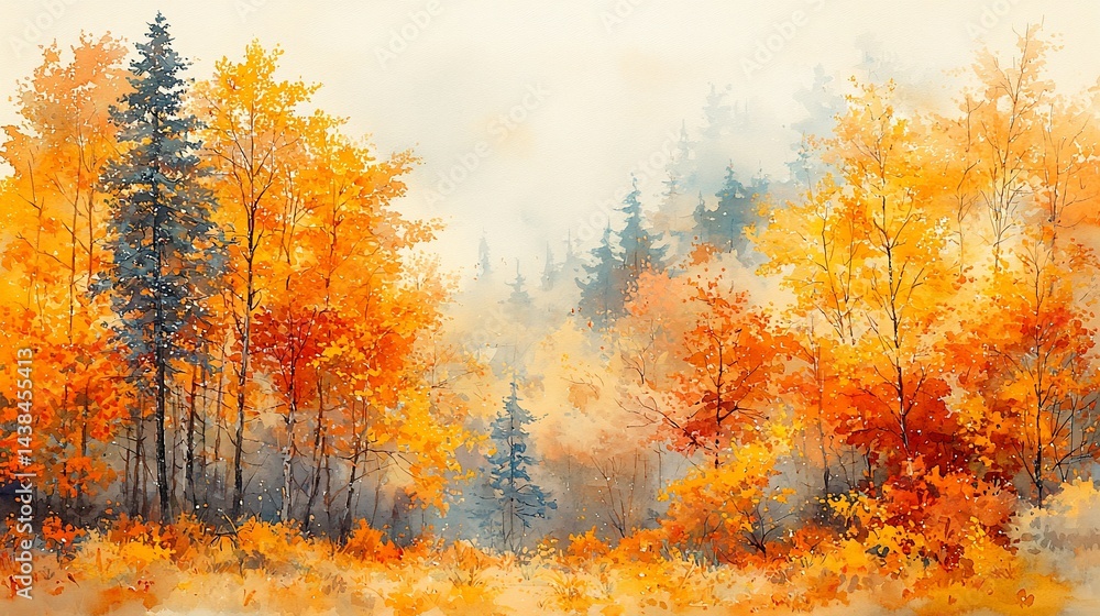 Fototapeta premium Autumn forest landscape, misty morning, golden foliage