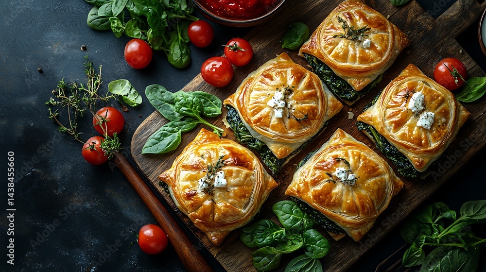 Fototapeta premium Savory baked spinach and cheese puff pastries arranged on a rustic wooden board with fresh tomatoes for culinary advertising.