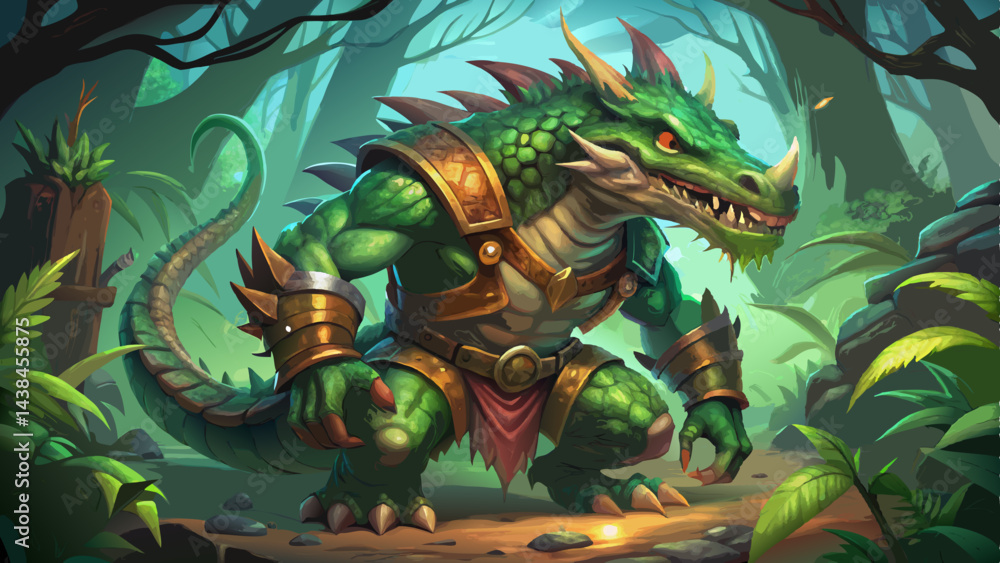 Green Dragon Warrior in Lush Jungle Setting Green Dragon Warrior in Lush Jungle Setting