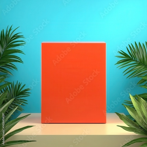 Bright Orange Box Surrounded by Green Tropical Leaves Against Blue