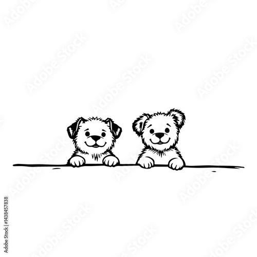 Two playful puppies peeking over a surface, a hand-drawn sketch, for greeting cards