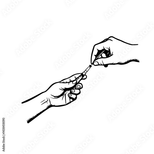 Hand-drawn sketch of hands exchanging a syringe, monochrome, for medical concepts