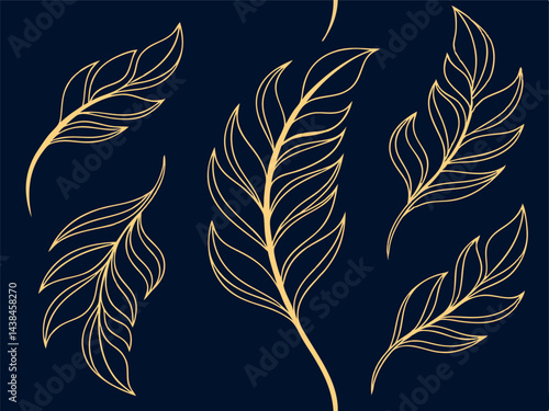 Golden Feather Collection: Elegant Line Art on Dark Blue