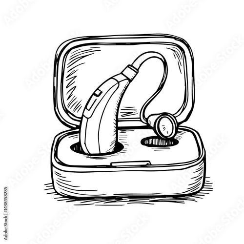 Hearing aid sketch, in a case, for medical illustrations