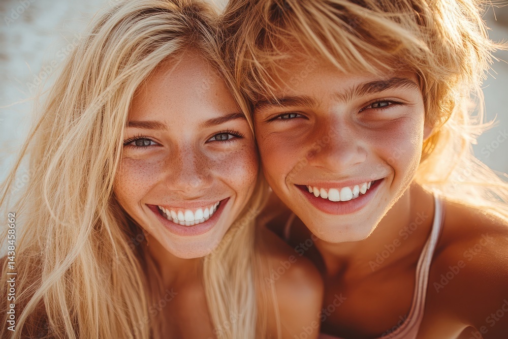 Two Joyful Young Friends Smiling Together on a Bright Beach Day Two Joyful Young Friends Smiling Together on a Bright Beach Day