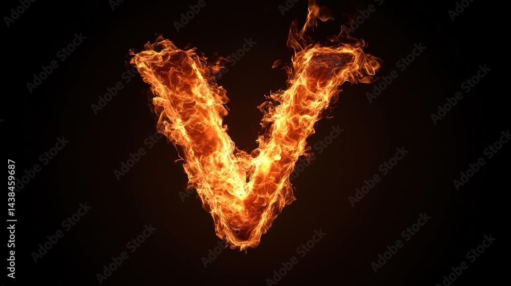 Fototapeta premium Fiery letter V, dark background, alphabet fire, design element
