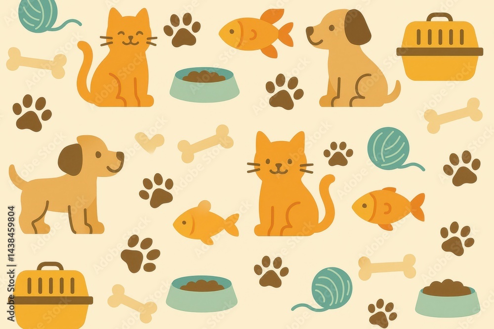 Obraz premium Colorful Pet Pattern Illustration with Dogs, Cats, and Fish Designs