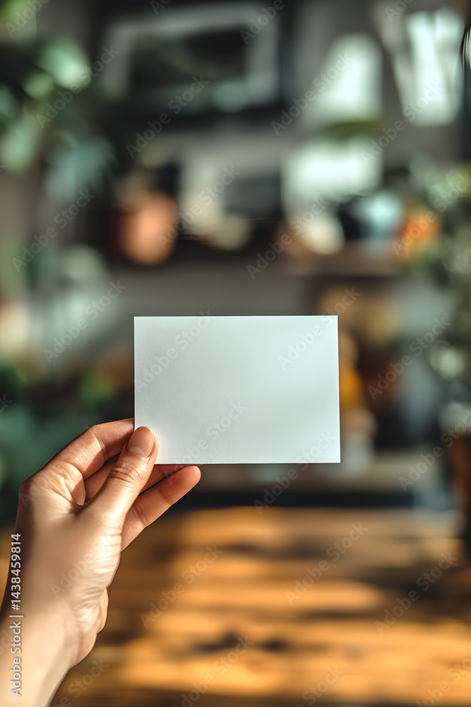Hand holds a blank card in a cozy indoor setting filled with greenery and warm light Hand holds a blank card in a cozy indoor setting filled with greenery and warm light