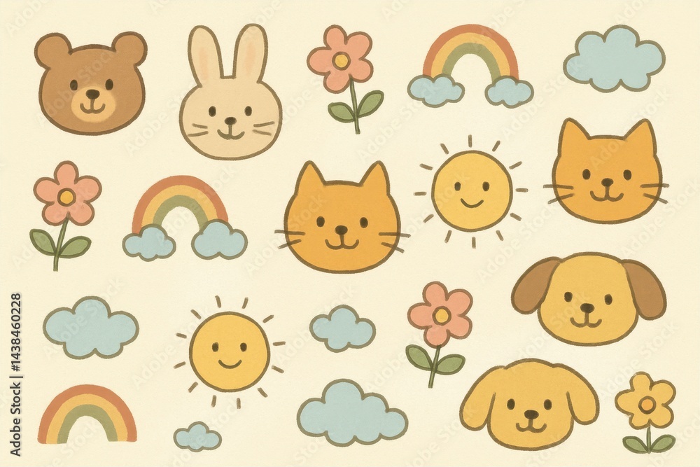 Obraz premium Cute Pattern Design with Simple Animals and Nature Elements