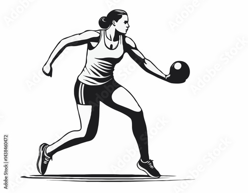 Sport emblem of track and field athlete prepares for shot put in monochrome. Engraving minimalistic vector in black ink drawing on transparent background