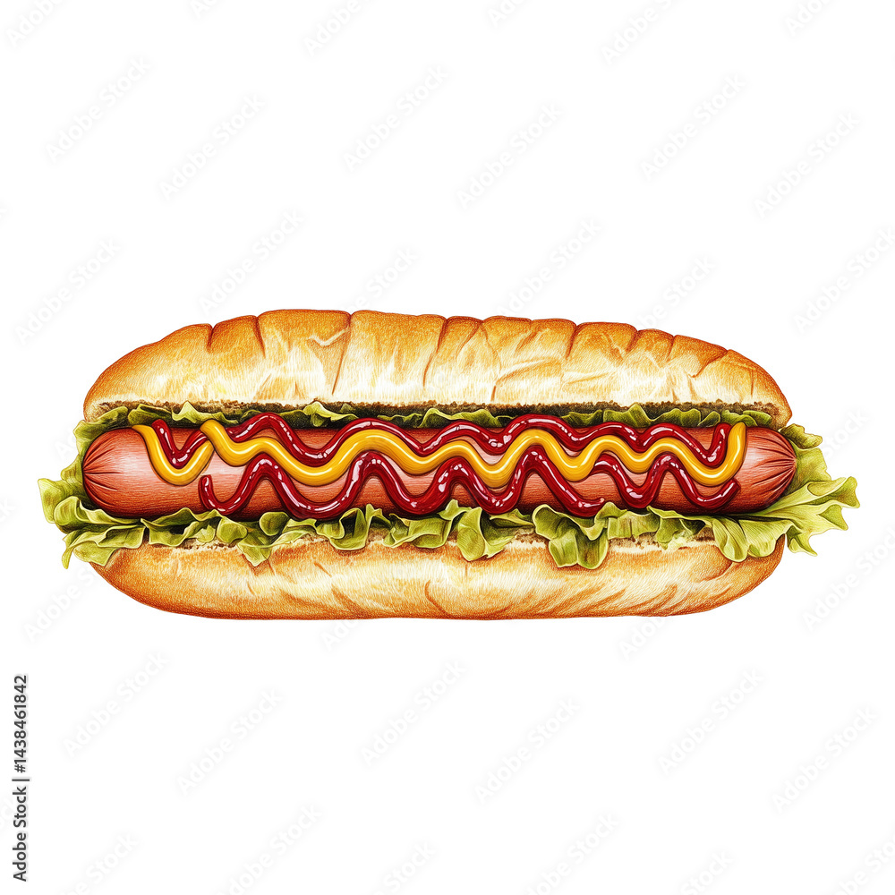 Hotdog with mustard, tomato ketchup and salad leave on white or transparent background Hotdog with mustard, tomato ketchup and salad leave on white or transparent background