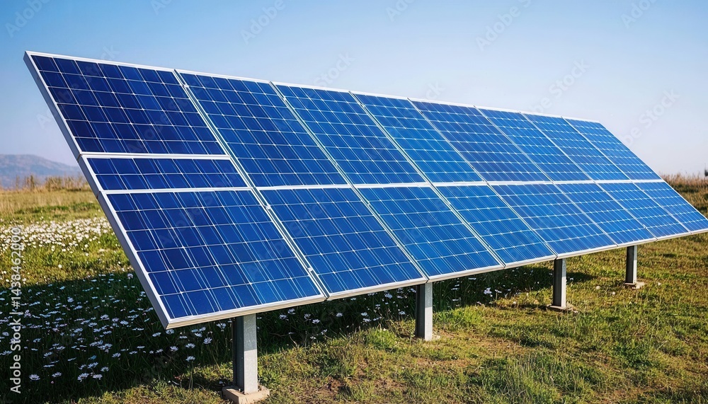 Bright Solar Panels on Field Under Clear Blue Sky in Daylight Bright Solar Panels on Field Under Clear Blue Sky in Daylight